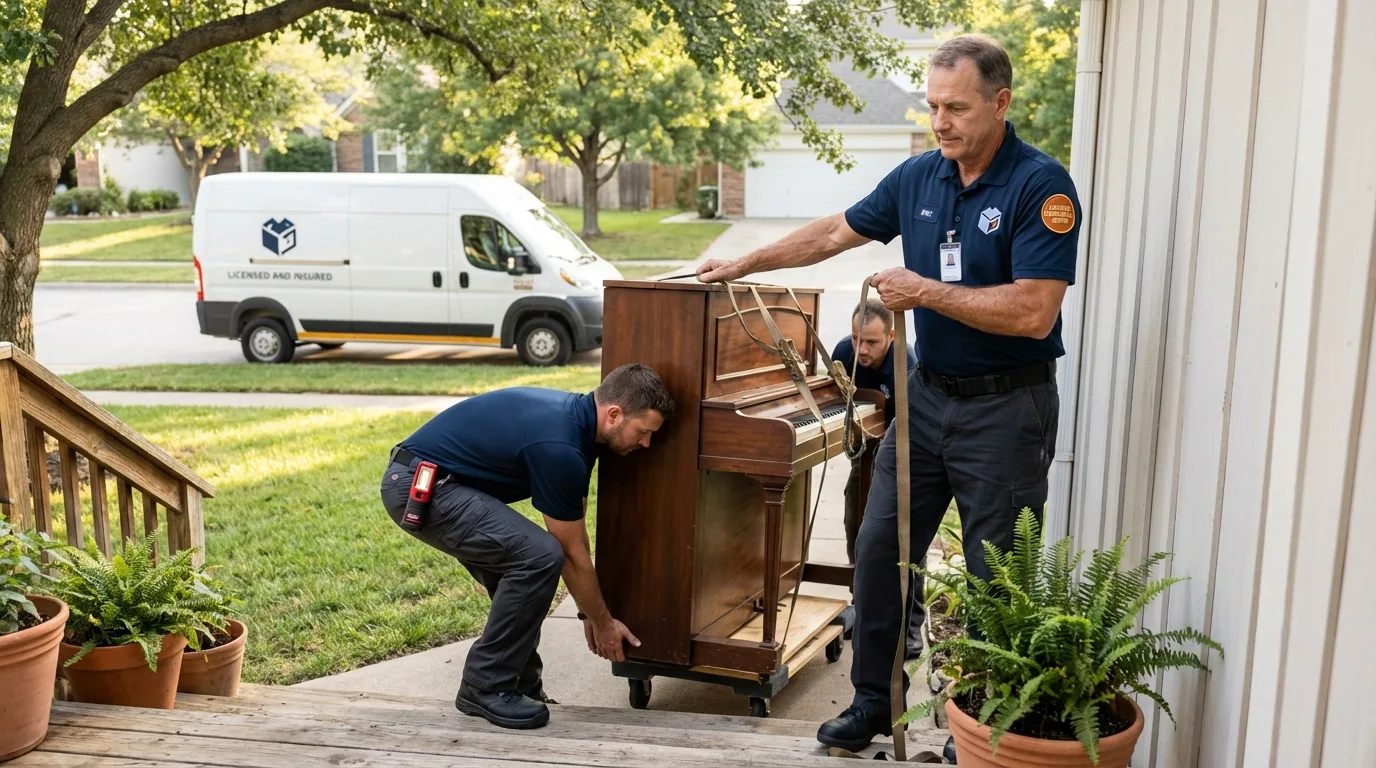 Licensed piano movers securing grand piano in El Dorado Hills, CA