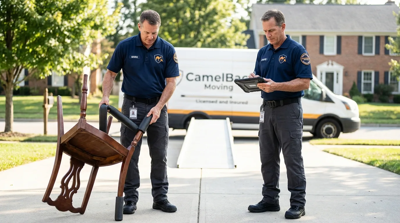 Movers inspecting furniture for damage prevention before loading in El Dorado Hills, CA