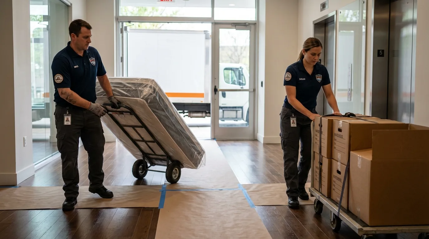 Professional apartment movers loading elevator in El Dorado Hills, CA