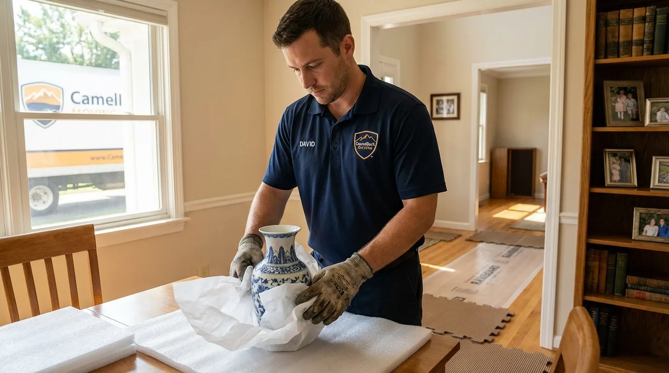 Professional crew carefully wrapping antique vase for senior downsizing move in El Dorado Hills, CA